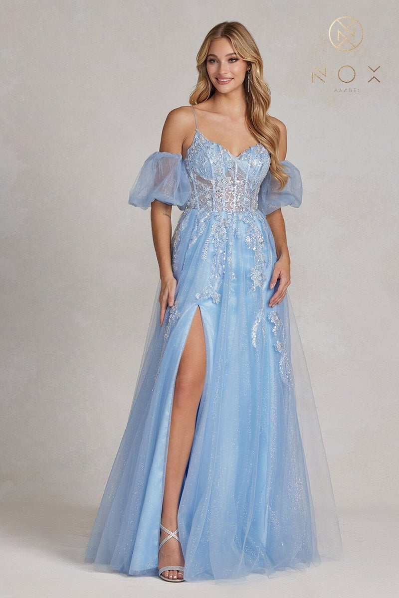 Nox Anabel Applique Sleeveless Gown with Puff Sleeves E1173 sheerdreamz
