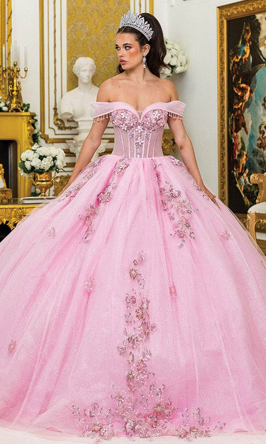 Pink Dancing Queen 5001 - Fringed Off-Shoulder Ballgown