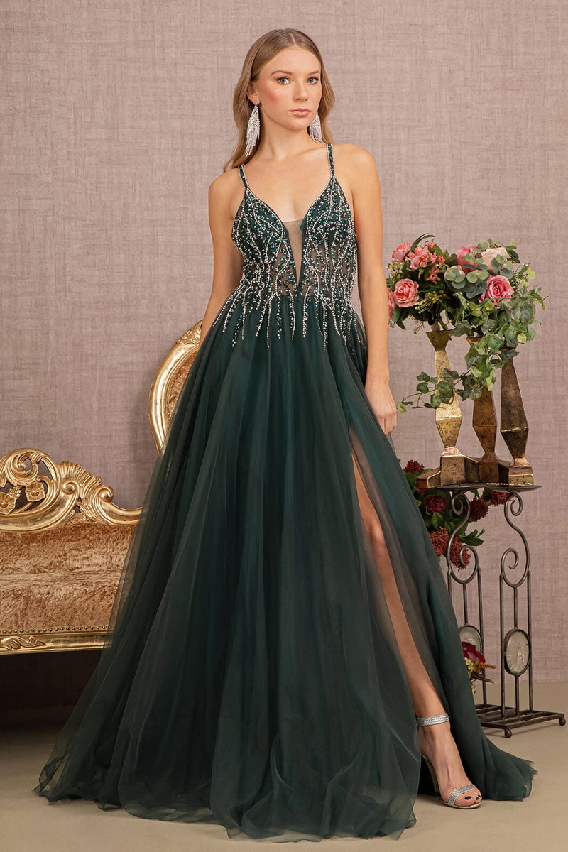 green emerald velvet dress Tulle Bejeweled Cosmic Gown Sweep Train with Slit main image 1