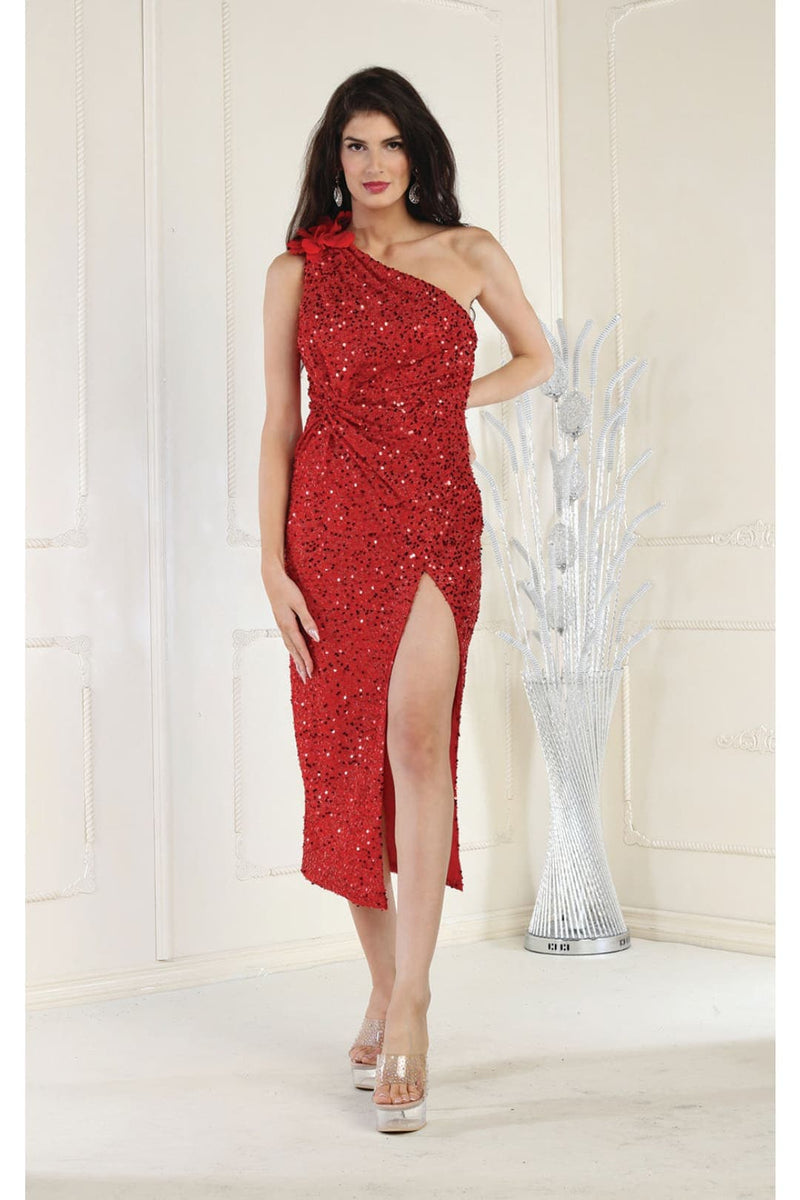 midi sparkly cocktail dress May Queen MQ1967 One-Shoulder Sequin Sheath Midi Cocktail Dress– sheerdreamz