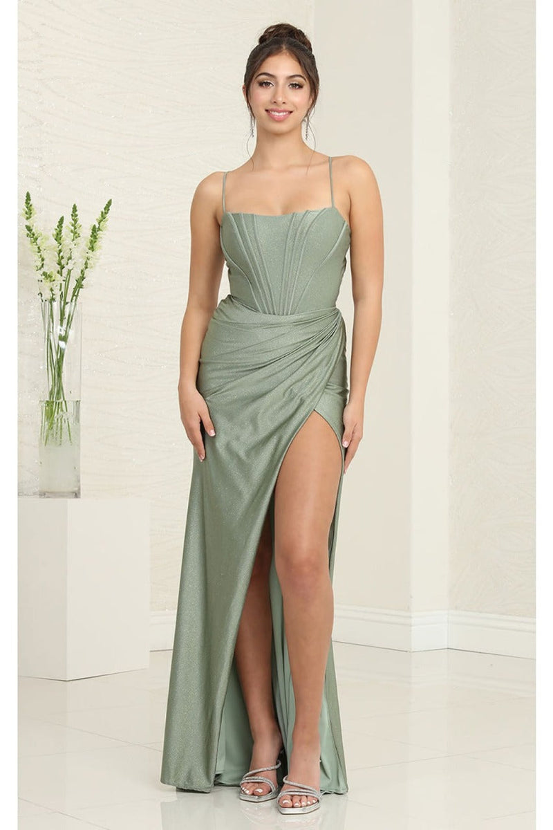 May Queen MQ2026 Strappy Corset Formal Gown with High Slit for Prom–  sheerdreamz