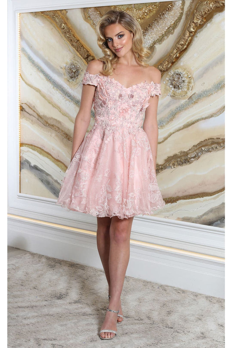 May Queen MQ2042 Off Shoulder Floral A-line Short Bridesmaids Dress  sheerdreamz