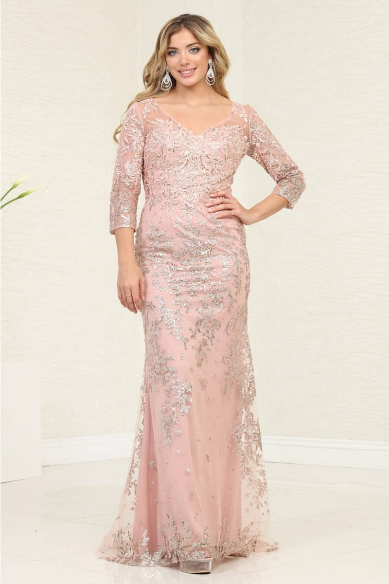 May Queen MQ2101 Embellished 3/4 Sleeve Formal MOB Dress– sheerdreamz
