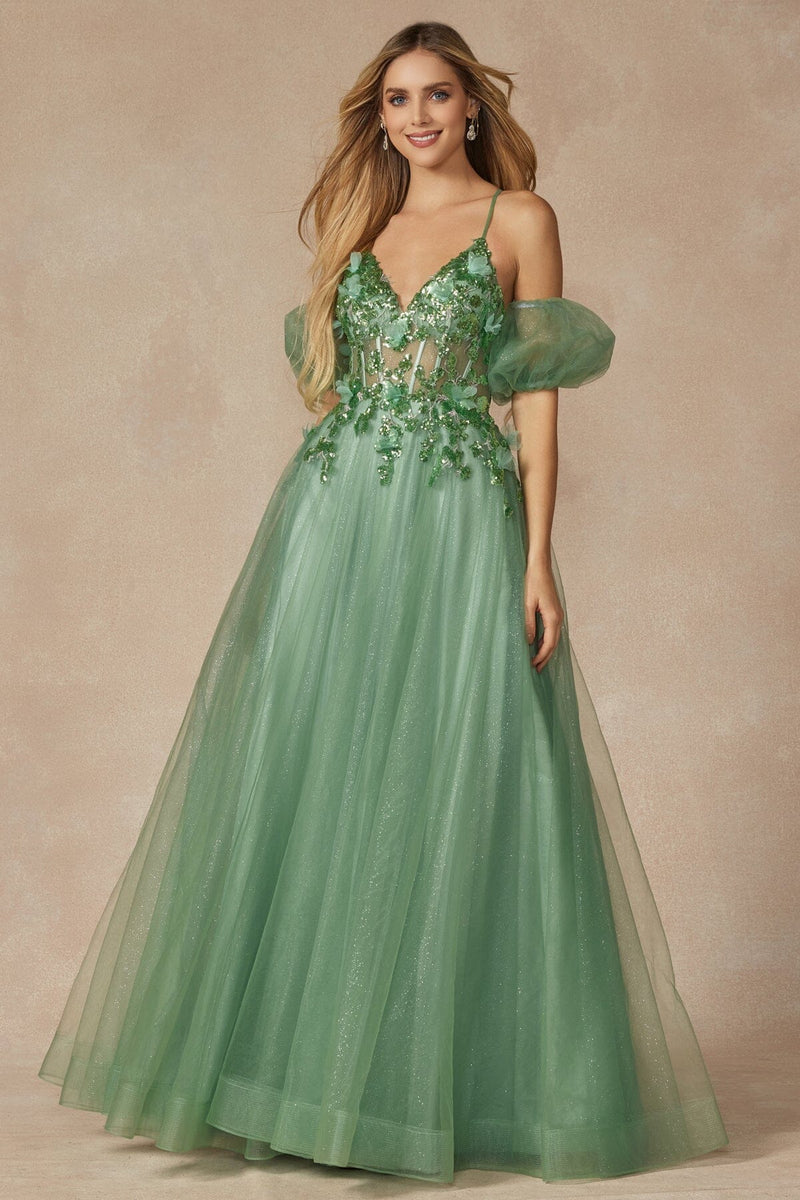 Juliet 2401: 3D Butterfly Puff Sleeve Corset Gown sheerdreamz Juliet 2401: 3D Butterfly Puff Sleeve Corset Gown sheerdreamz
