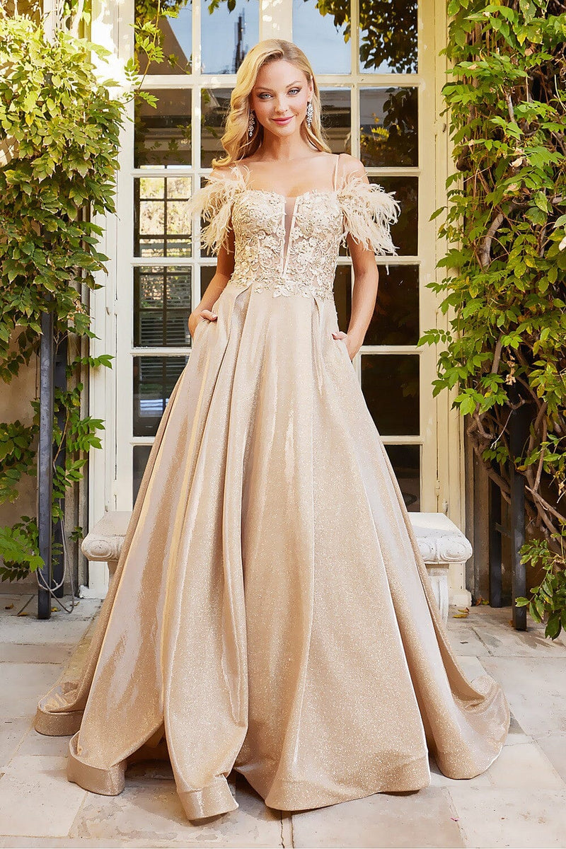 Adora 3128's Metallic Glitter Feather Gown with Cold Shoulder Design–  sheerdreamz