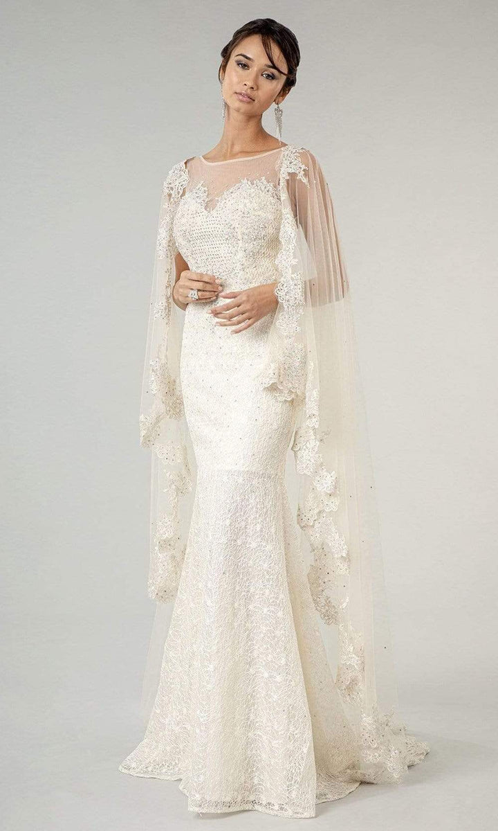 Elizabeth K - GL1918 Lace Embroidered Sheath Bridal Gown with Cape  sheerdreamz