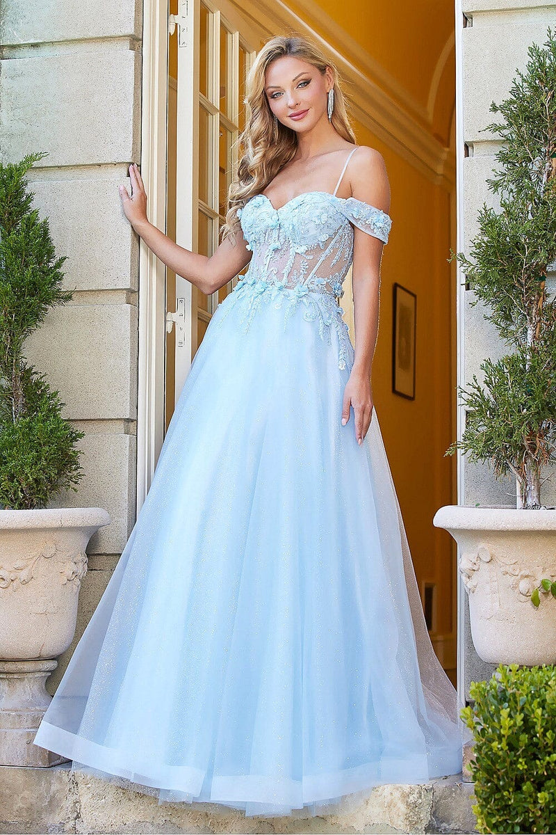 Adora 3109's Corset Gown with Embroidered Cold Shoulder Detail– sheerdreamz