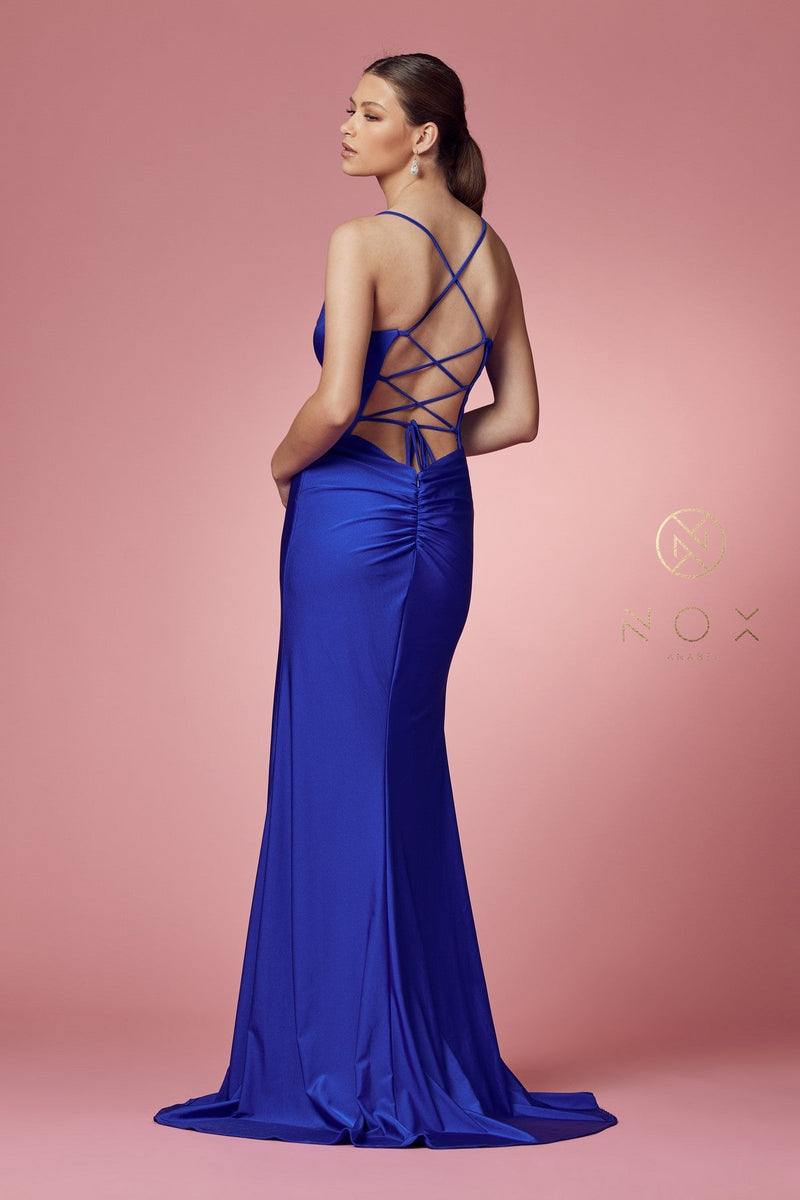 Cowl Neck Fitted Lace-Up Back Gown by Nox Anabel E1007– sheerdreamz