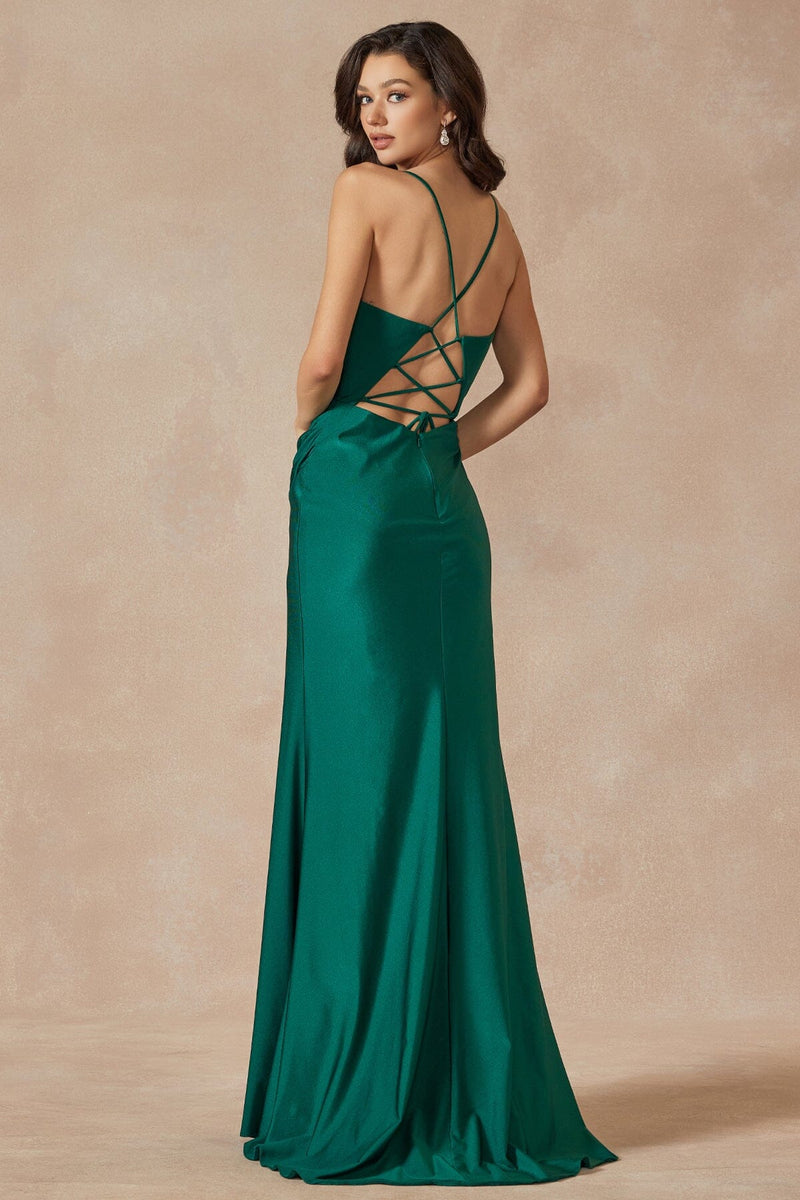 Juliet 291's Fitted Gown with Cowl Neck, Satin Corset, and Slit sheerdreamz Juliet 291's Fitted Gown with Cowl Neck, Satin Corset, and Slit sheerdreamz