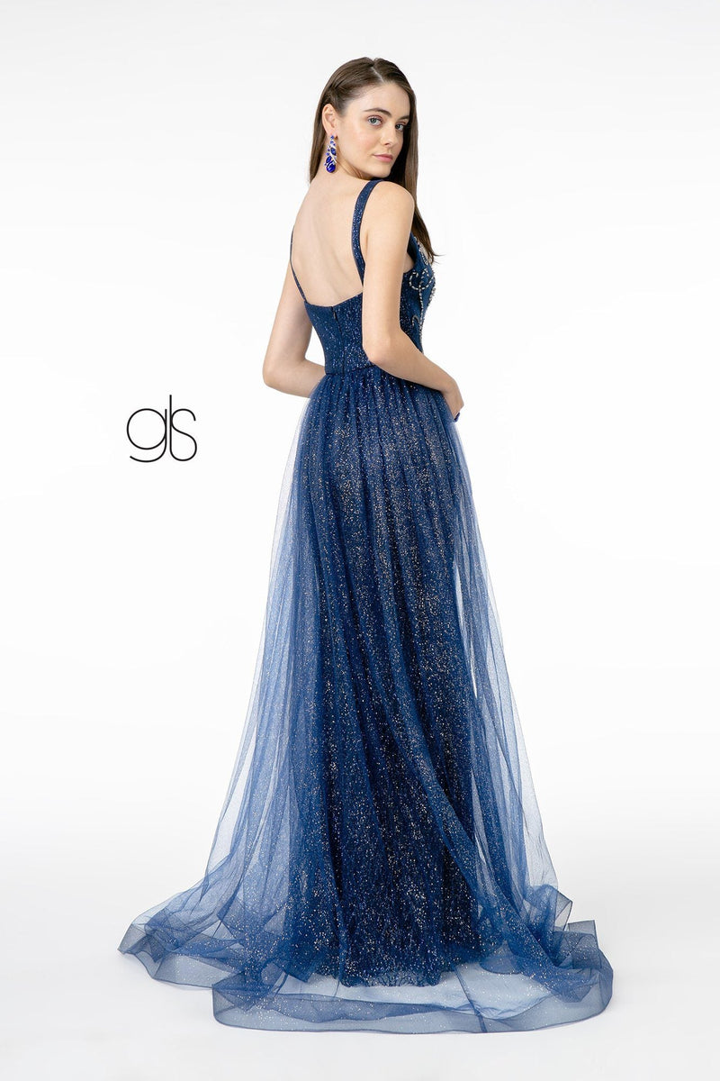 Elizabeth K GL1840: V-Neck Gown with Jewels and Glitter Overskirt–  sheerdreamz