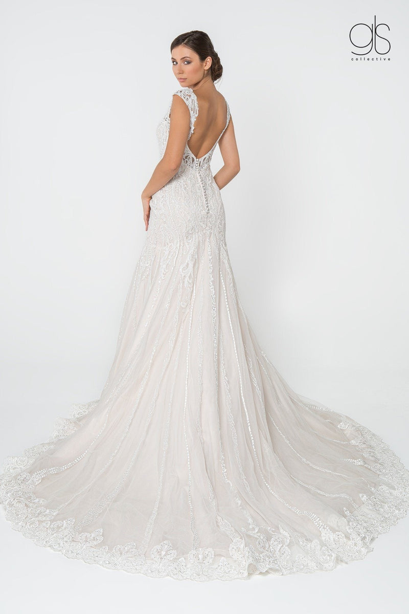 GL2821＊bkM Elizabeth K GL2821: Deep V-Neck Wedding Gown with Lace