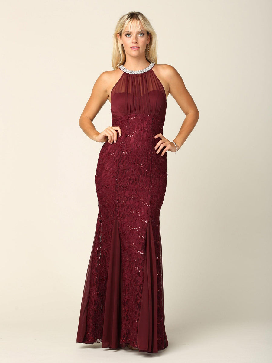 Formal Long Fitted Halter Lace Chiffon Dress– sheerdreamz