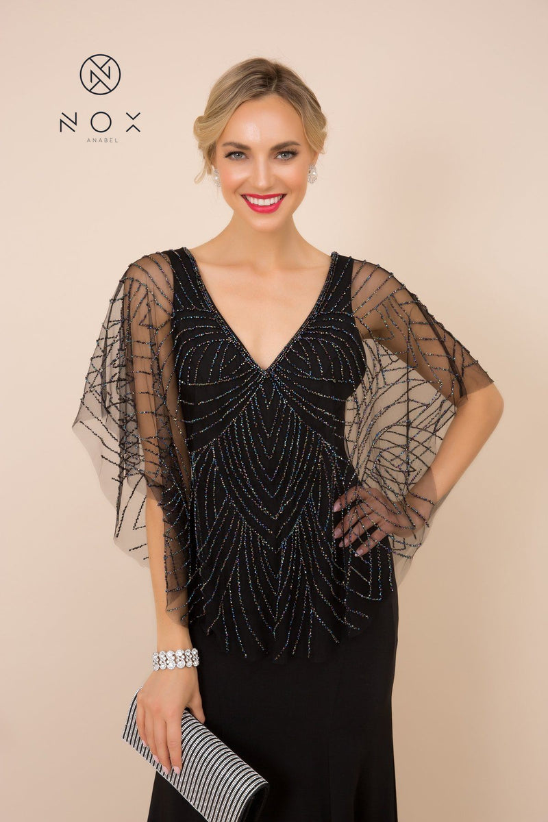 Fitted Long V-Neck Dress with Beaded Cape by Nox Anabel Y531 sheerdreamz Fitted Long V-Neck Dress with Beaded Cape by Nox Anabel Y531 sheerdreamz