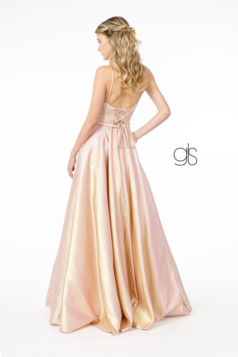 Long iridescent glitter corset backless prom dress outlet