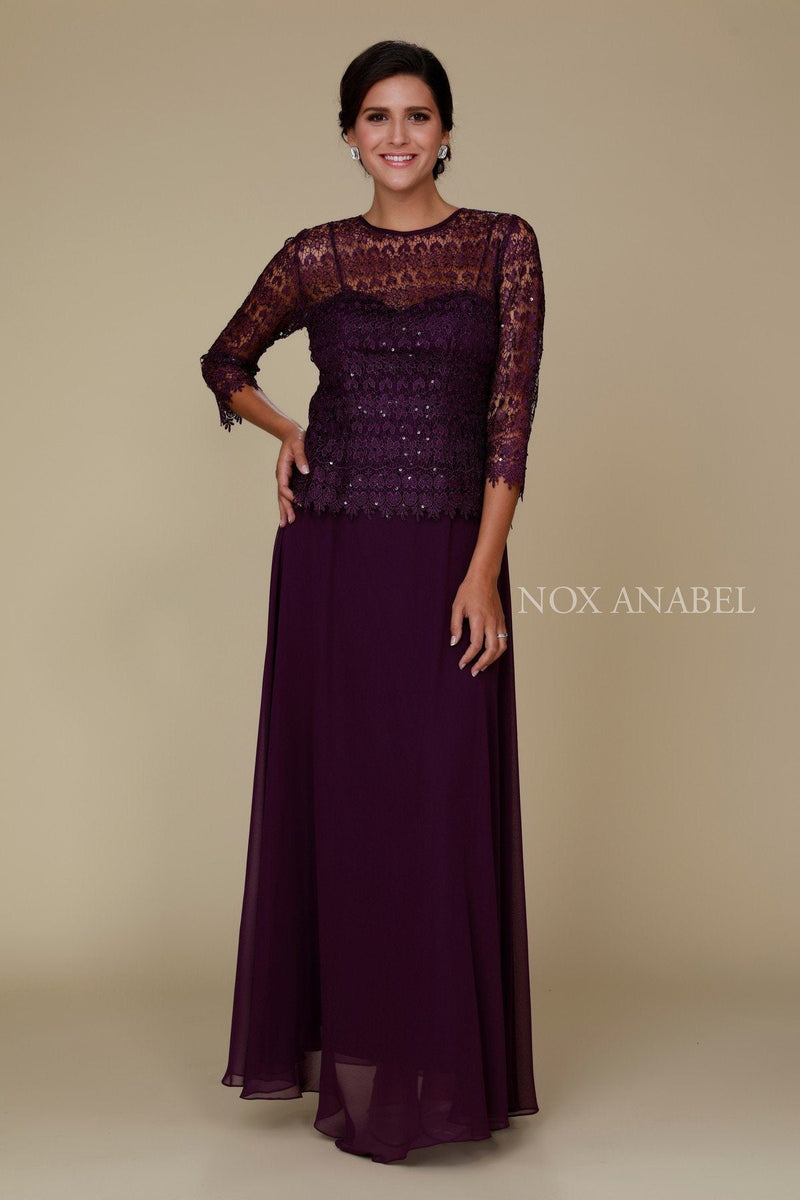 Seniors Dress Code Formal Dresses For Over 60 Years Old Long 3/4 Sleeves  Lace Bodice Dress By Nox Anabel 5083 Sheerdreamz