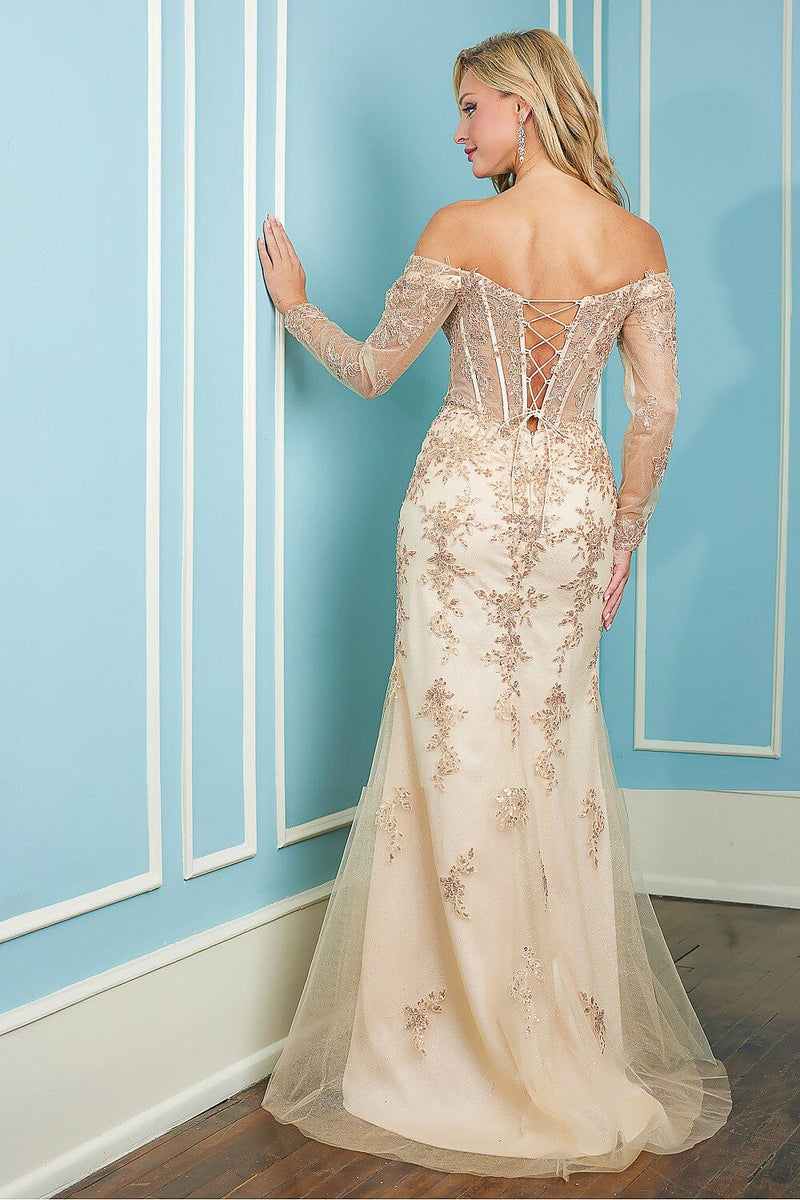 Adora 3079's Corset Gown with Long Sleeves and Off-Shoulder Design sheerdreamz Adora 3079's Corset Gown with Long Sleeves and Off-Shoulder Design sheerdreamz