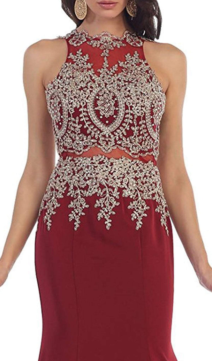 Gilt Embroidered Illusion Trumpet Prom Gown