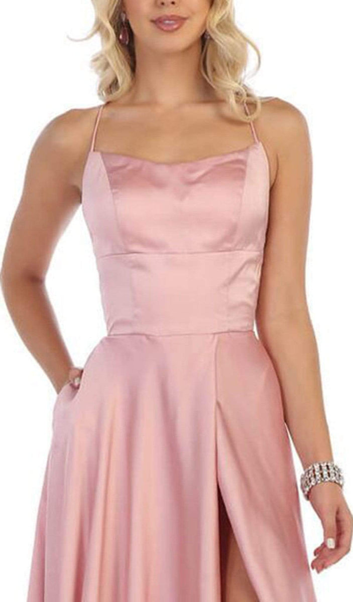 Halter Neck Tie String Back A-Line Satin Gown - May Queen MQ1642  sheerdreamz