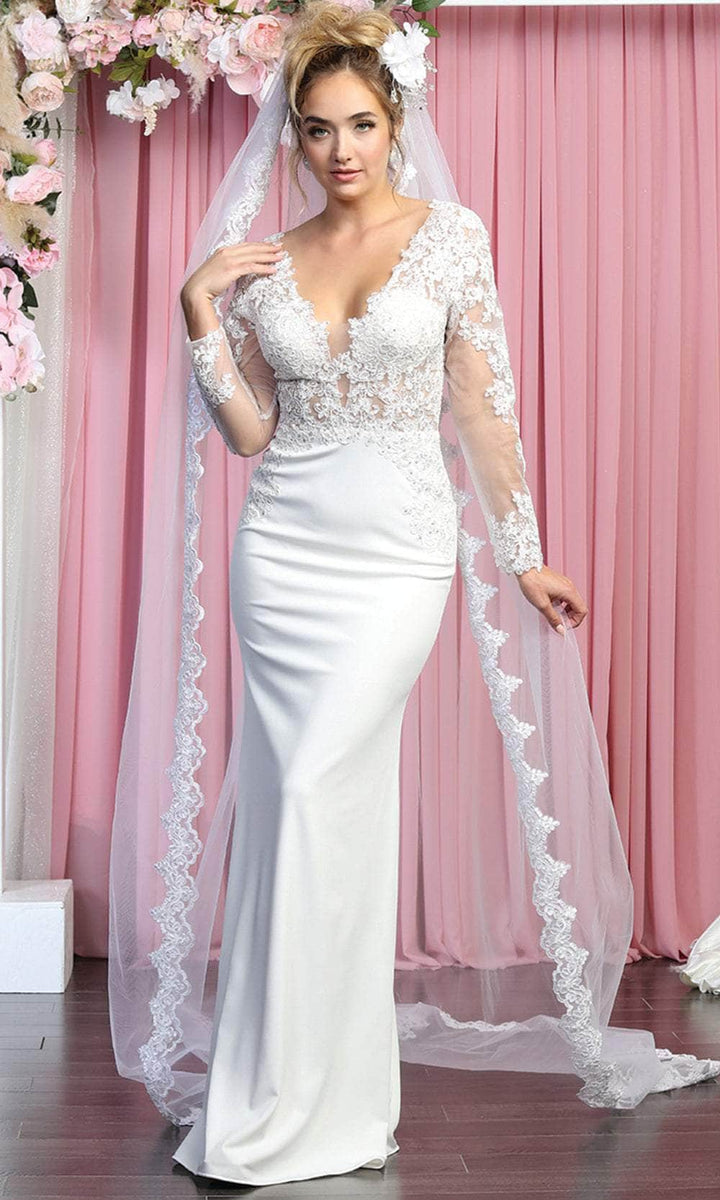 Long Sleeves Low-cut V-neck Wedding Gown