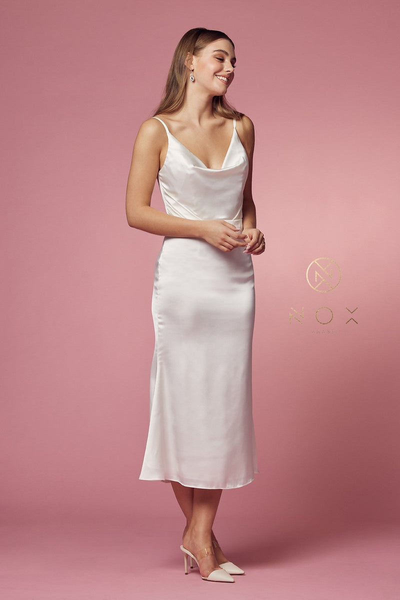 white cowl neck midi dress Elynne White Satin Cowl Neck Midi Dress