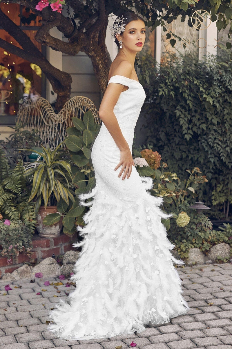 Off Shoulder White Fitted Feather Gown by Nox Anabel C1106W