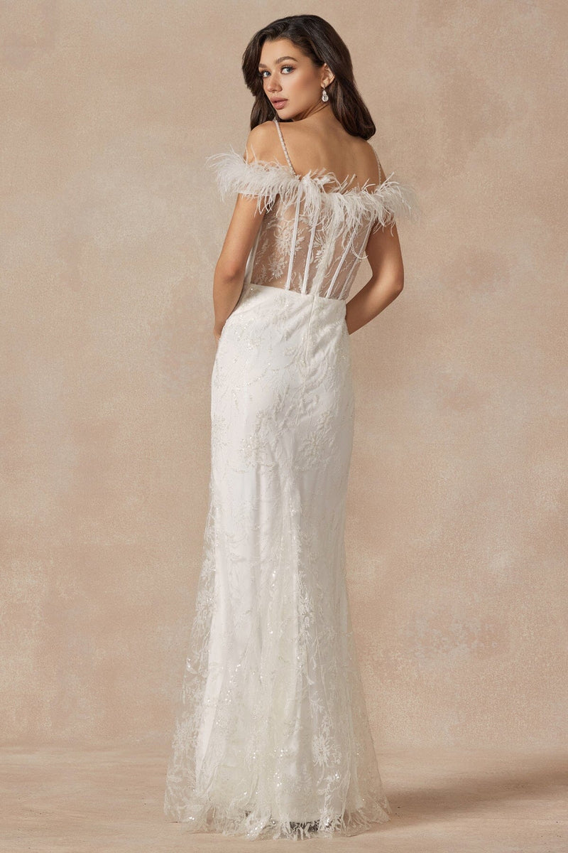 Glitter Print Off White Shoulder Feather Gown by Juliet 2402W– sheerdreamz
