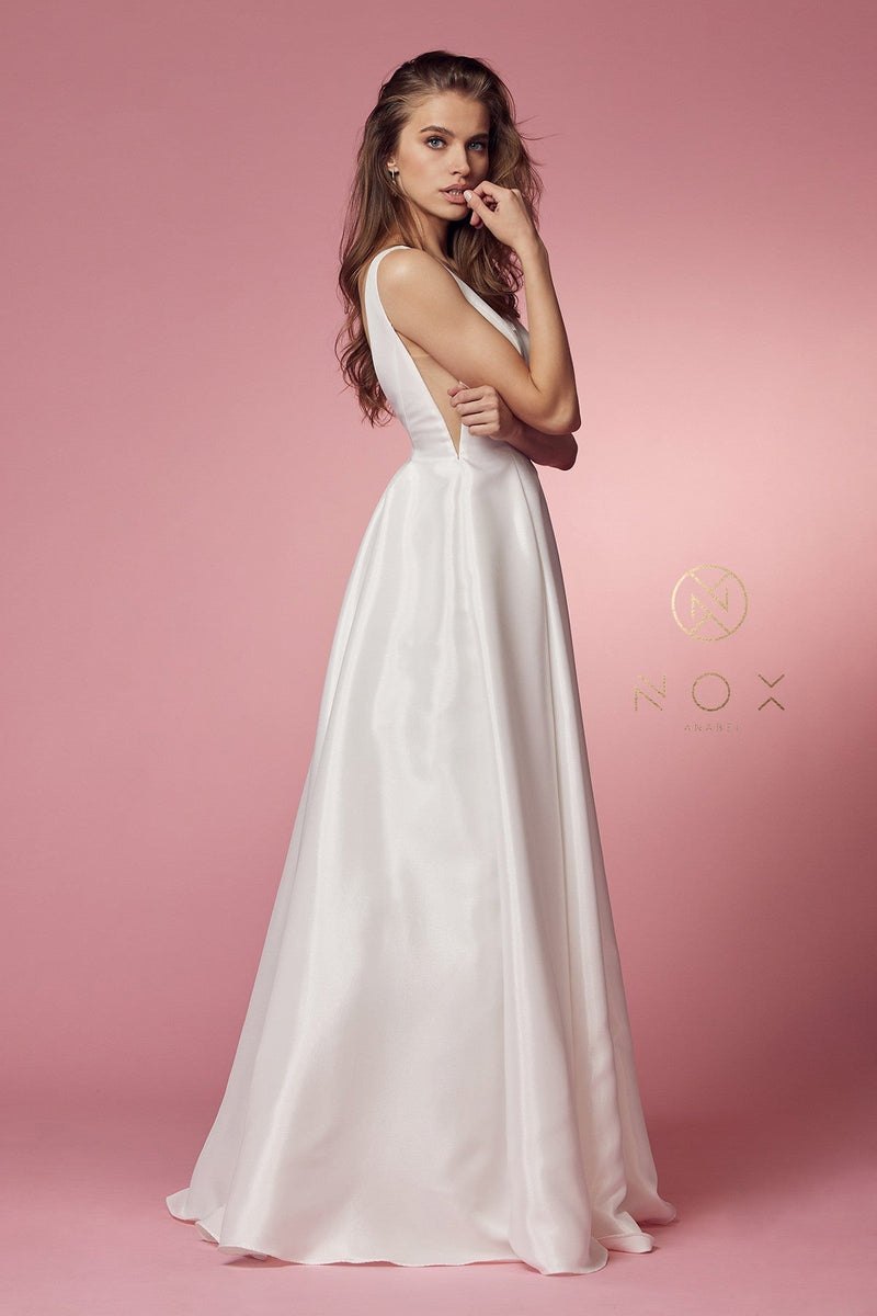 Long V-Neck White Taffeta Dress by Nox Anabel E156W– sheerdreamz