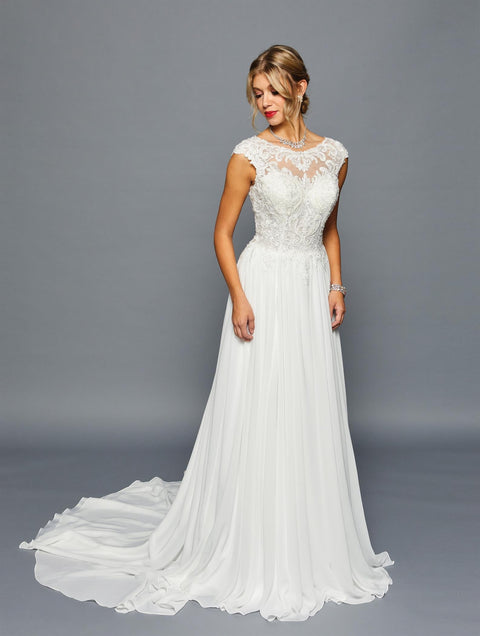 Lace Wedding Dress with Scoop Neckline Cap Sleeves & Chiffon A-Line Skirt by Deklaire Bridal 455