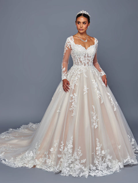 Illusion Lace Long Sleeve A-Line Gown Wedding Dress with Corset Back by Deklaire Bridal 500