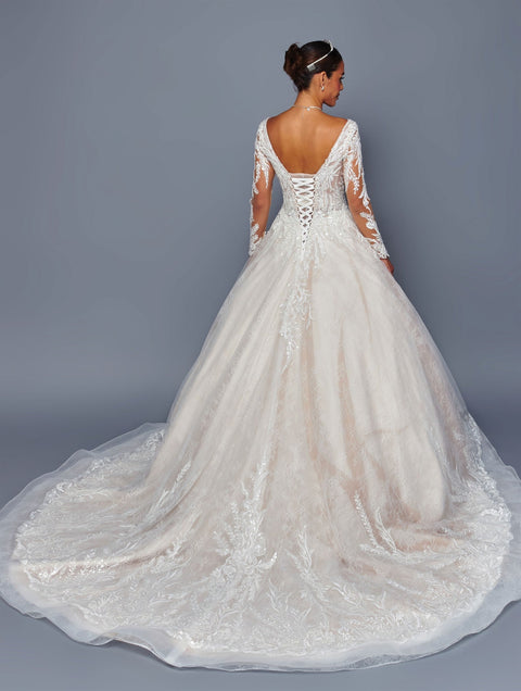 Long Sleeve Lace A-line Wedding Dress with Corset Back & Cathedral Train by Deklaire Bridal 505