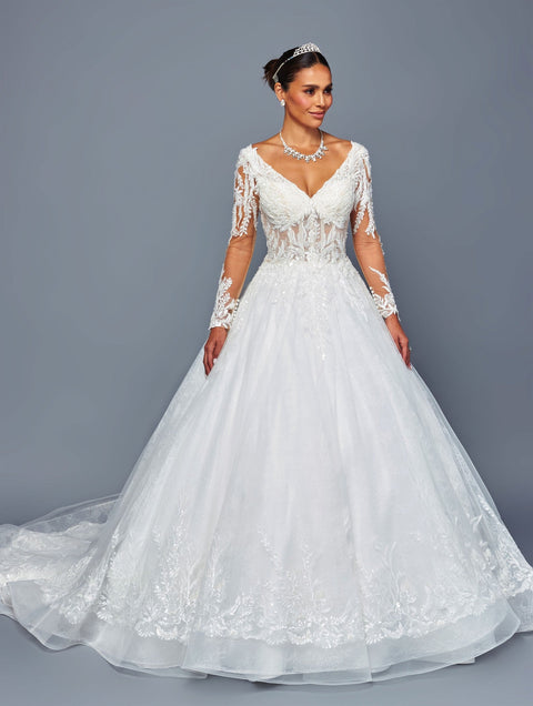 Long Sleeve Lace A-line Wedding Dress with Corset Back & Cathedral Train by Deklaire Bridal 505