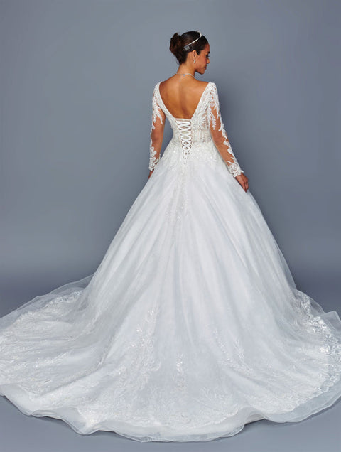 Long Sleeve Lace A-line Wedding Dress with Corset Back & Cathedral Train by Deklaire Bridal 505