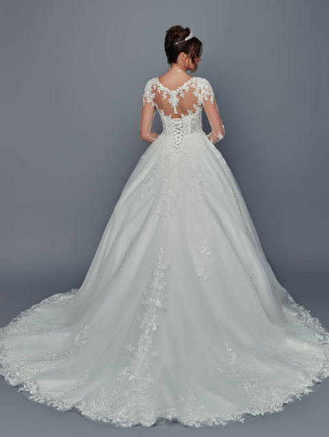 Illusion Lace Long Sleeve A-Line Gown Wedding Dress with Corset Back by Deklaire Bridal 500