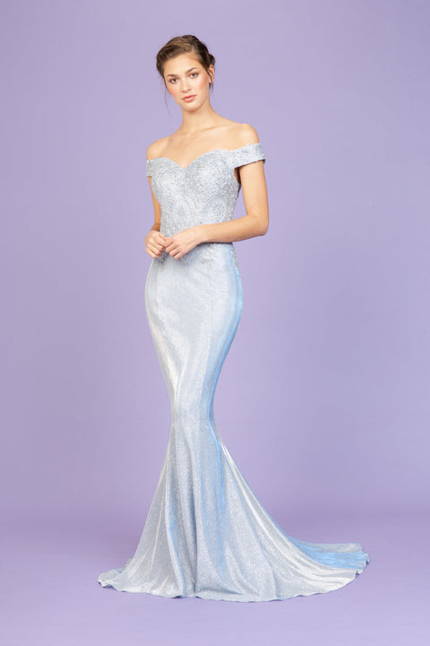 Eureka 9306 metallic glitter off shoulder gown — 0001659