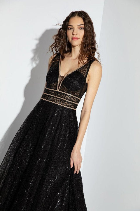 Eureka 9005 glitter mesh v-neck a-line gown — 0001677