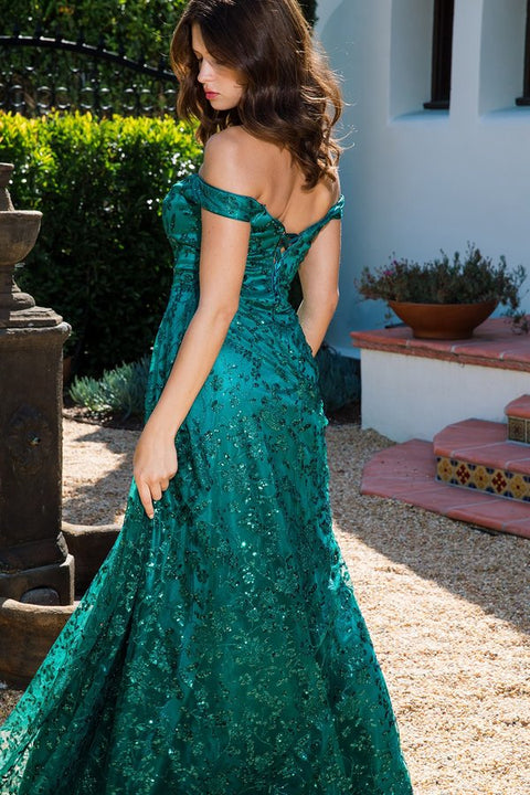 Eureka 9766 glitter print off shoulder gown — 0001770 P857317X638198741758994764