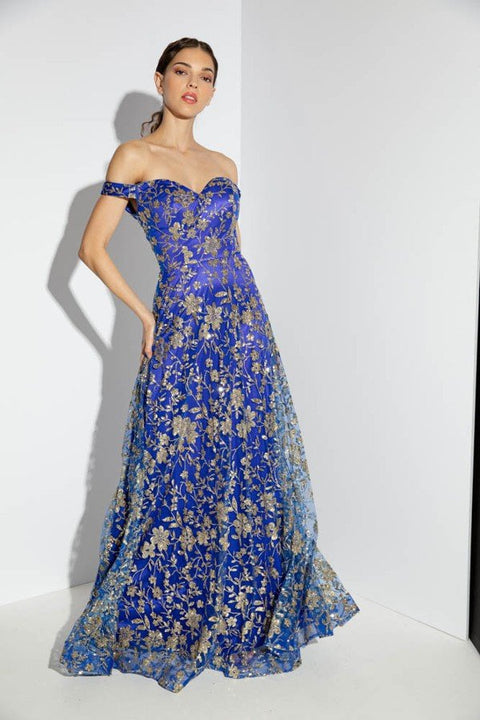 Eureka 9766 glitter print off shoulder gown — 0001771 P857317X638198741761615127