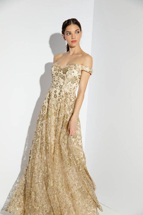 Eureka 9766 glitter print off shoulder gown — 0001772 P857317X638198741759640905