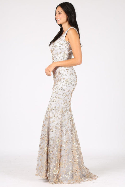 Eureka 9706 glitter print fitted v-neck gown — 0001806