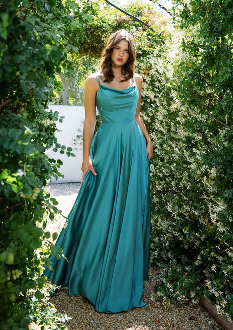 Eureka 9916 satin long cowl a-line slit dress — 0001918