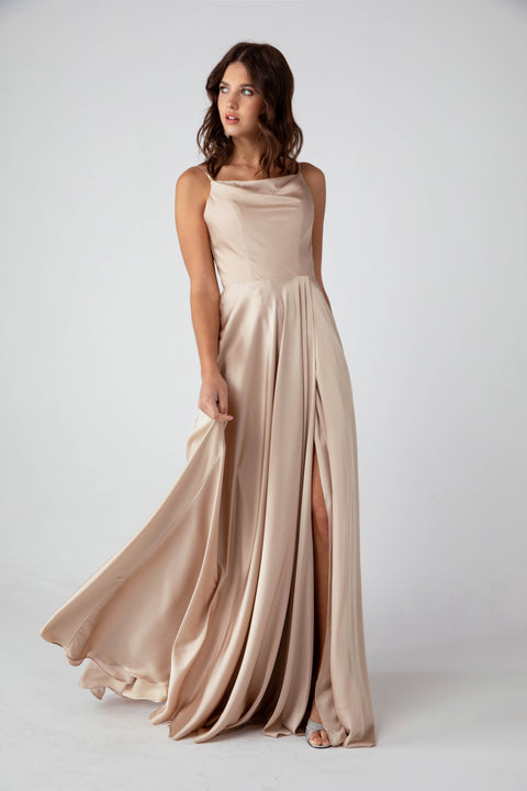 Eureka 9916 satin long cowl a-line slit dress — 0001919