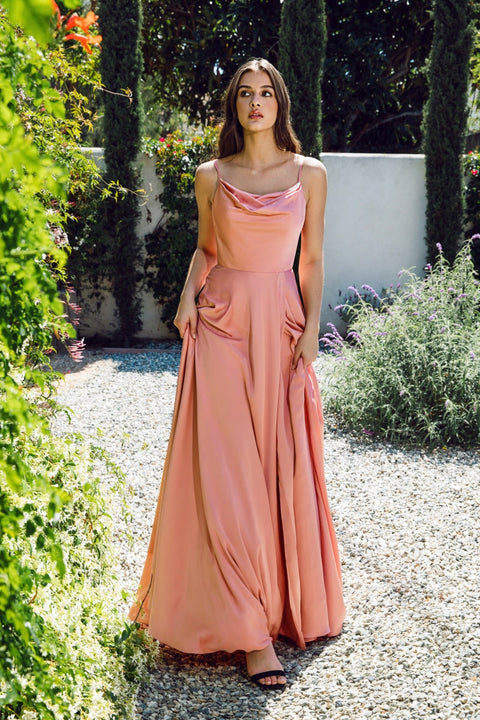 Eureka 9916 satin long cowl a-line slit dress — 0001922