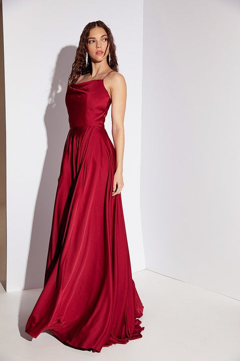 Eureka 9916 satin long cowl a-line slit dress — 0001923