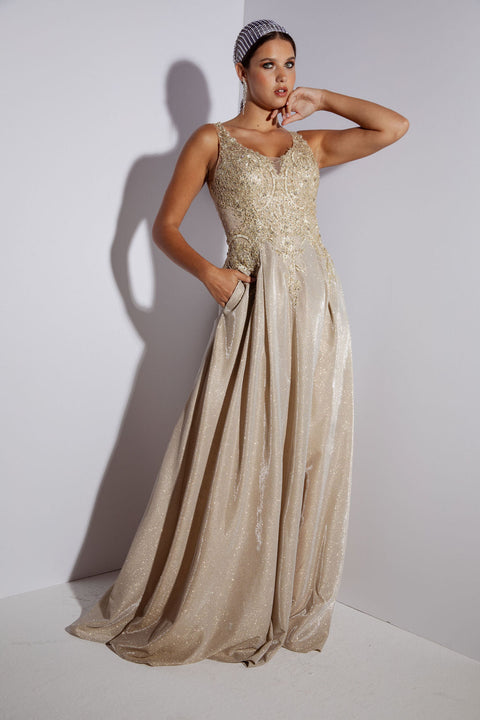 Eureka 9606 applique metallic sleeveless a-line gown — 0002413