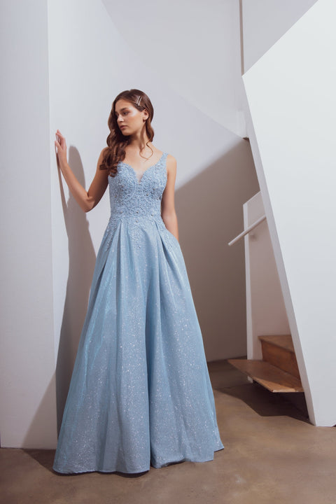 Eureka 9606 applique metallic sleeveless a-line gown — 0002415