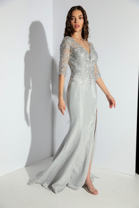 Eureka 9970 glitter jersey fitted mid-sleeve gown — 0002515