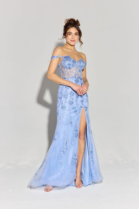 Eureka EK181 fitted off shoulder corset slit gown — 0002742