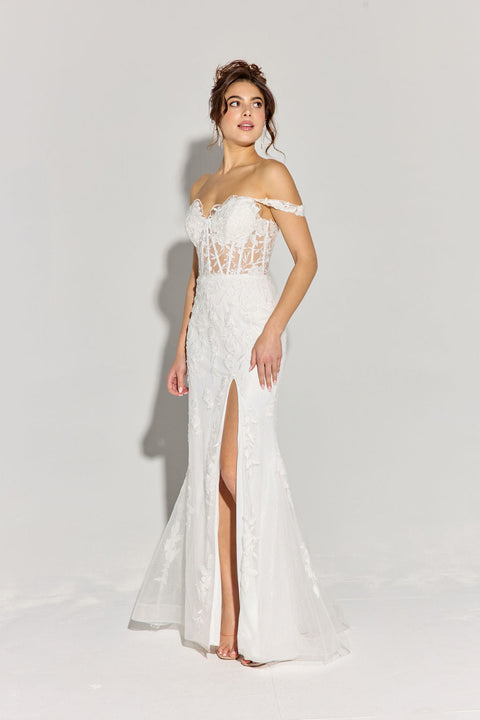 Eureka EK181 fitted off shoulder corset slit gown — 0002745