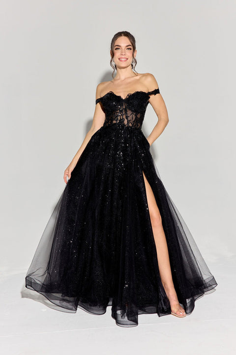Eureka EK128 off shoulder a-line slit gown — 0002845