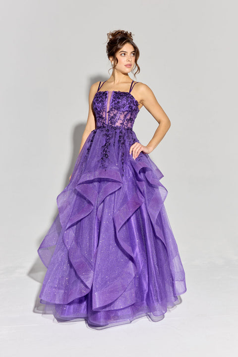 Eureka EK157 applique sleeveless a-line ruffled gown — 0002911